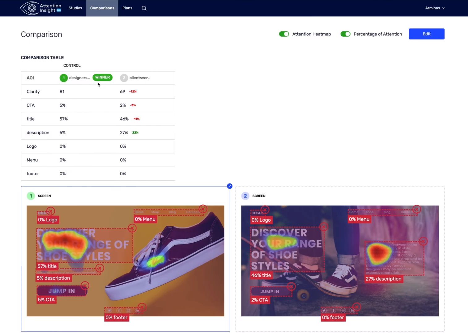 Comparison mode shoes web