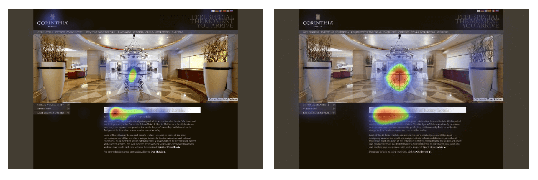 Image of two website heatmaps compared with predictive versus traditional eye tracking technology used