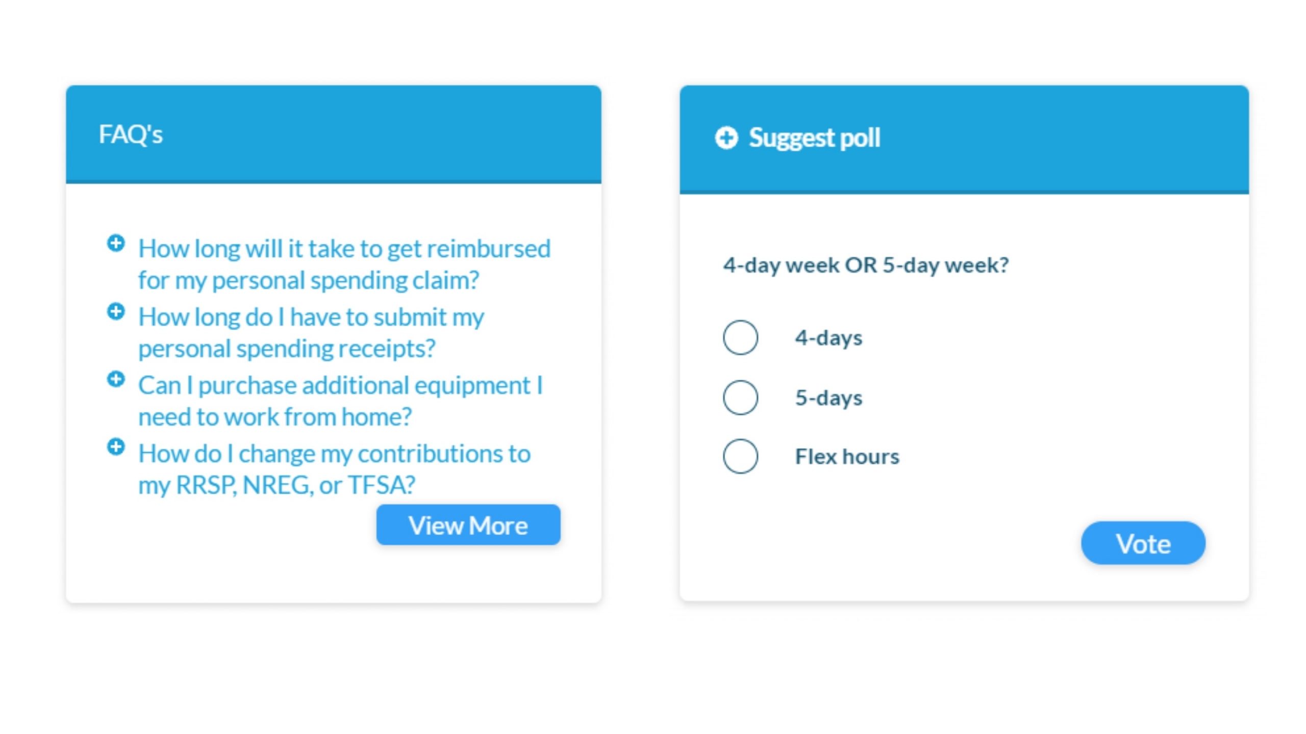 Screenshot of an intranet page with polls and FAQs